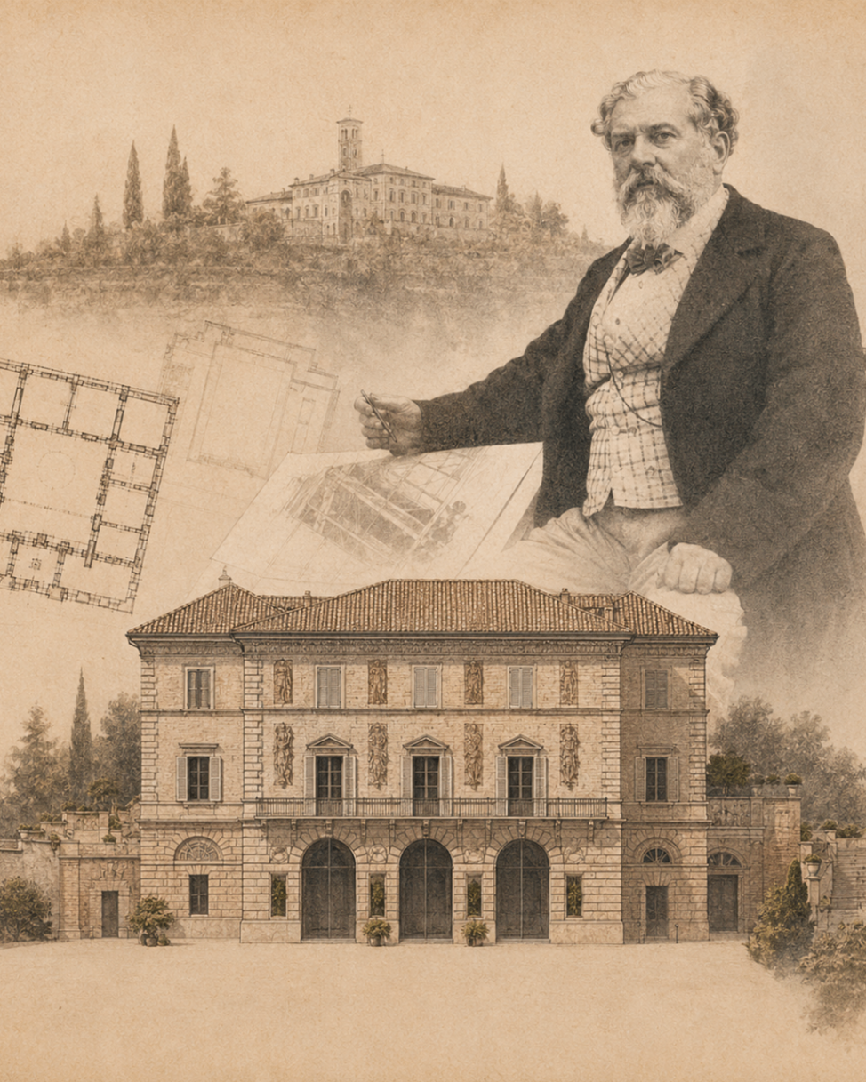 Collage storico con ritratto, progetto architettonico e facciata di Reggia Bonaparte